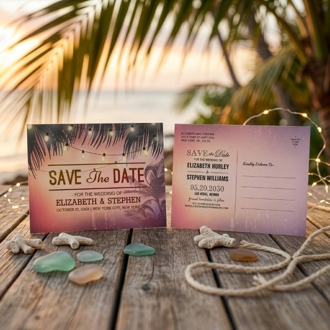 Wedding Save The Date Summer Beach Palm Tree Light Announcement Postcard (Creator Uploaded)