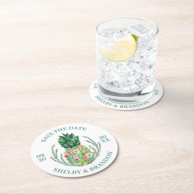 Wedding SAVE THE DATE Tropical Floral Pineapple Round Paper Coaster (Insitu)
