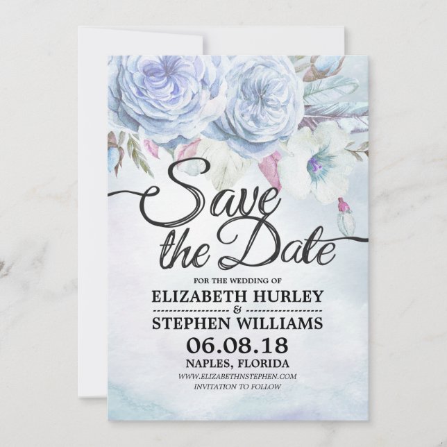 Wedding Save The Date Watercolor Floral & Feathers (Front)
