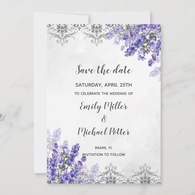 Wedding Save The Date Watercolor Lavender (Front)