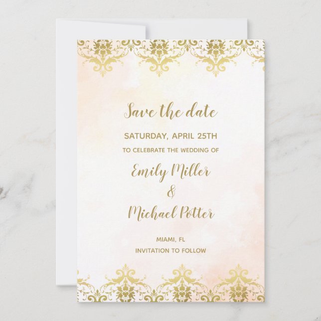 Wedding Save The Date Watercolor Peach Gold (Front)