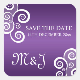 Wedding Save The Date White Swirls Purple Square Sticker