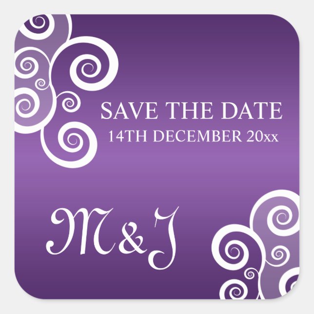 Wedding Save The Date White Swirls Purple Square Sticker (Front)