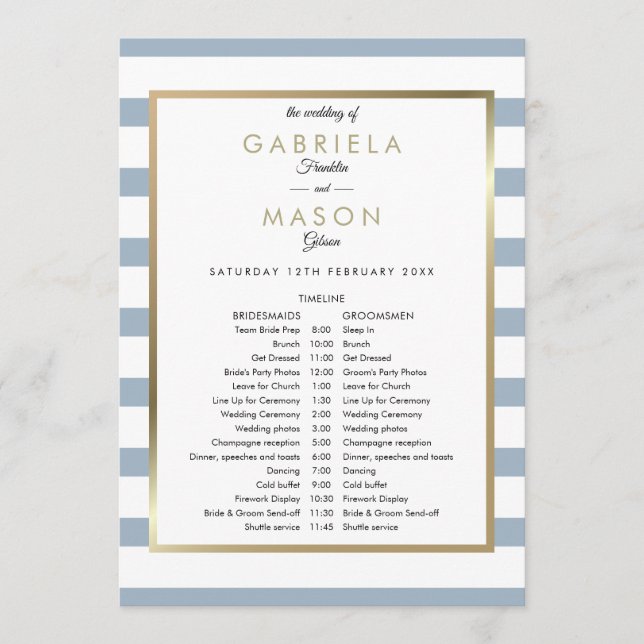  Wedding Schedule Timeline Dusty Blue Striped Programme (Front)