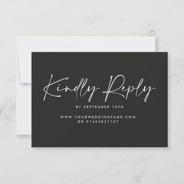 Wedding script modern black white elegant reply invitation (Front)
