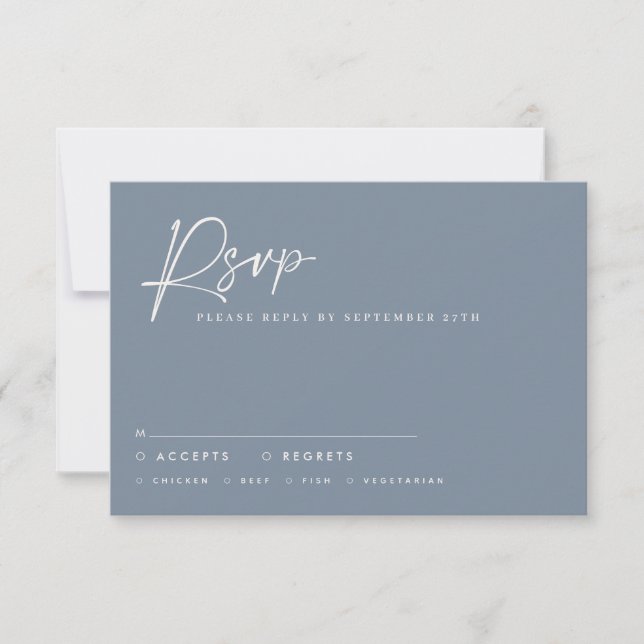 Wedding script modern minimal dusty blue reply invitation (Front)