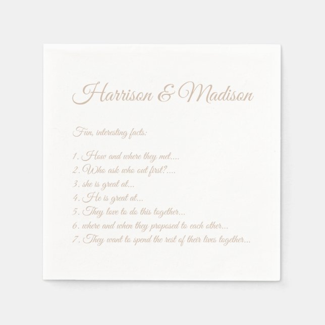 Wedding Script names Couple Fun Facts beige paper Napkin (Front)
