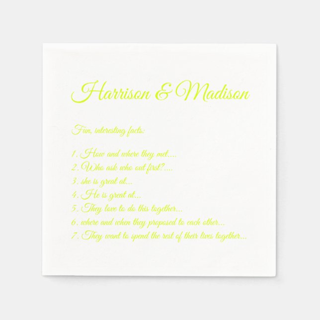 Wedding Script names Couple Fun Facts chartreuse Napkin (Front)
