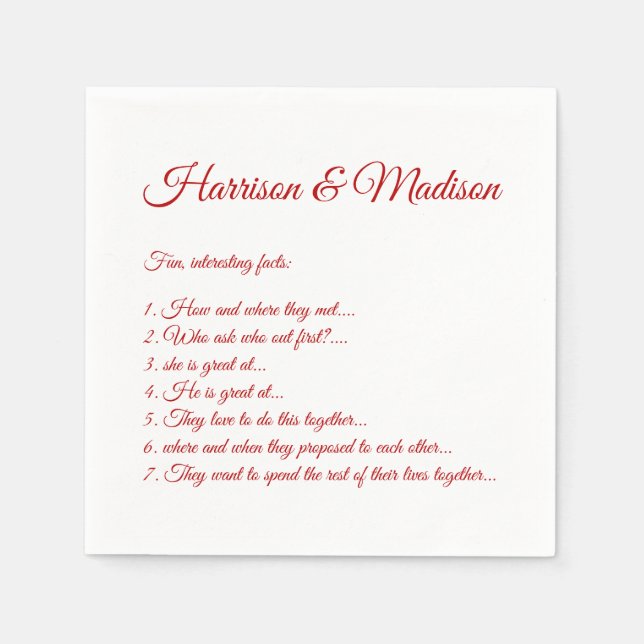 Wedding Script names Couple Fun Facts cherry red Napkin (Front)