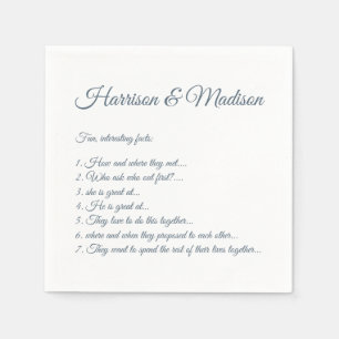 Wedding Script names Couple Fun Facts grey blue Napkin