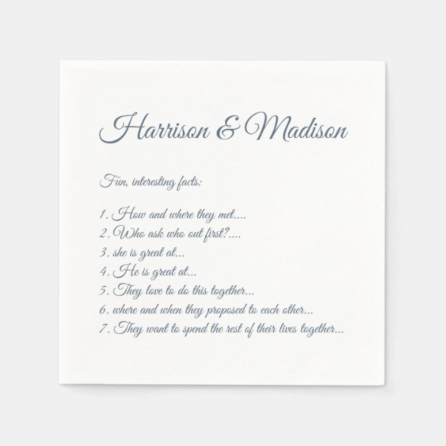Wedding Script names Couple Fun Facts grey blue Napkin (Front)
