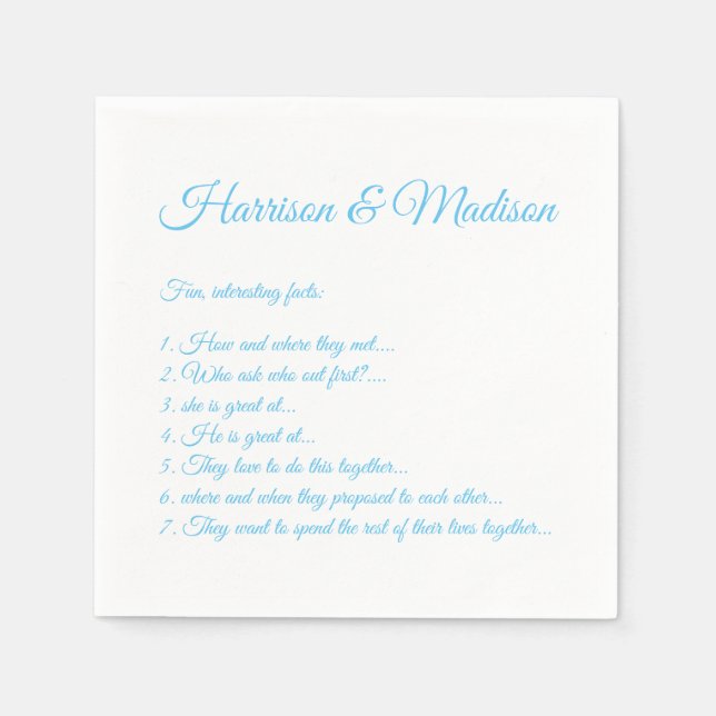 Wedding Script names Couple Fun Facts light blue Napkin (Front)