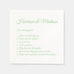 Wedding Script names Couple Fun Facts light green Napkin