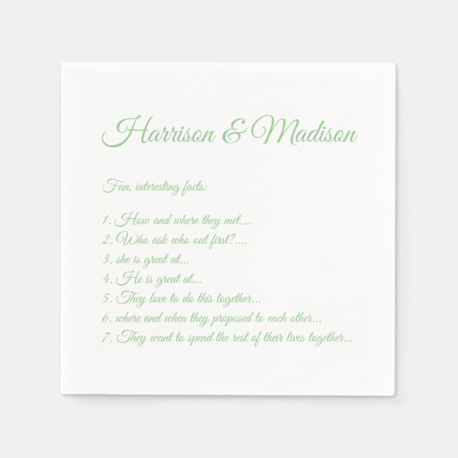 Wedding Script names Couple Fun Facts light green Napkin (Front)