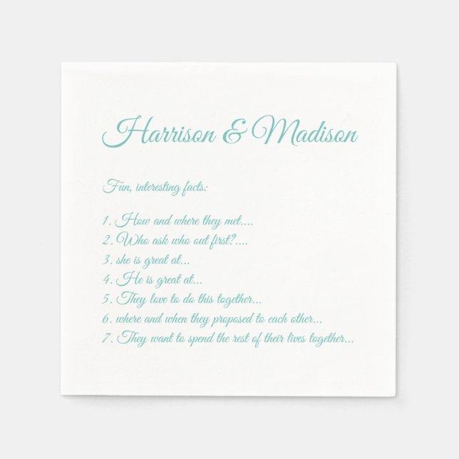 Wedding Script names Couple Fun Facts light teal Napkin (Front)