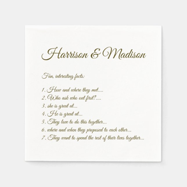 Wedding Script names Couple Fun Facts moss green Napkin (Front)