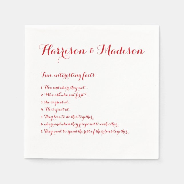 Wedding Script names Couple Fun Facts paper Napkin (Front)