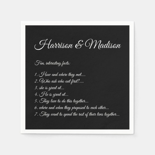 Wedding Script names Couple Fun Facts paper Napkin (Front)