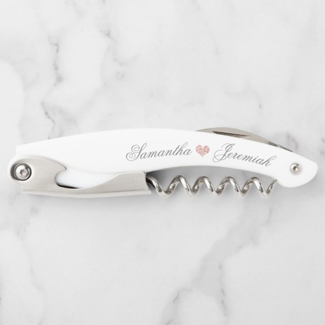 Wedding Script Rose Gold Glitter Heart Monogrammed Corkscrew (Front)