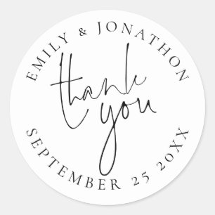Wedding Script Thank You Names Date Black White Classic Round Sticker