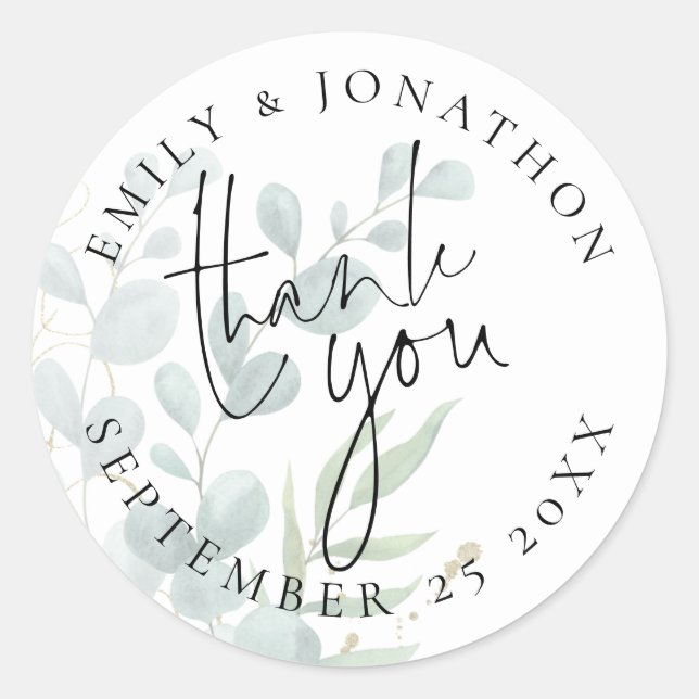 Wedding Script Thank You Names Date Eucalyptus Classic Round Sticker (Front)