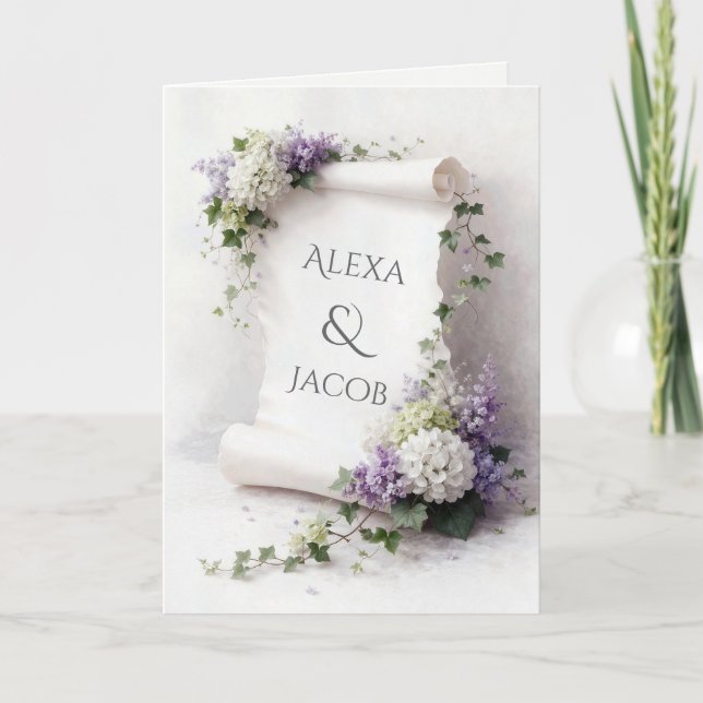 Wedding Scroll with Lilacs and Hydrangeas  Card (Front)