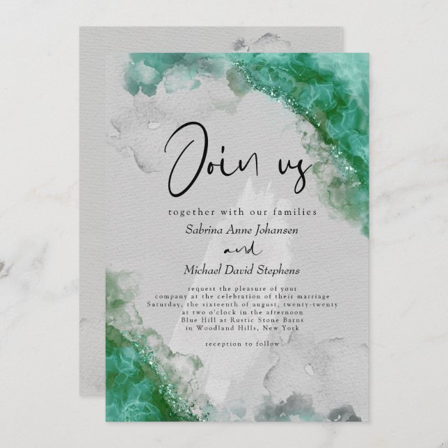 WEDDING | Sea Glass Green Abstract Alcohol Ink  Invitation (Front/Back)