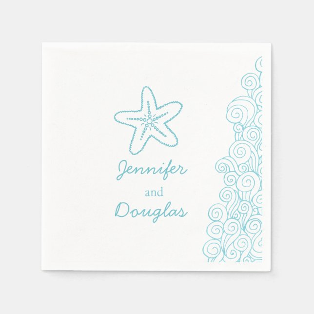 Wedding sea star swirl blue white paper napkins (Front)