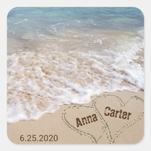 wedding seashore with beach hearts square sticker