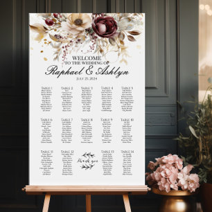 Wedding seating chart 14 tables, burgundy peonies