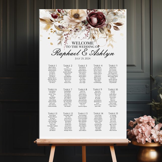 Wedding seating chart 15 tables, burgundy peonies (Creator Uploaded)
