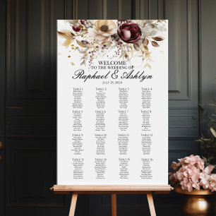 Wedding seating chart 16 tables, burgundy peonies