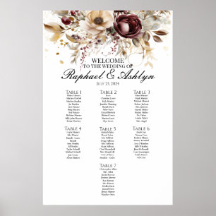Wedding seating chart 7 tables, burgundy peonies