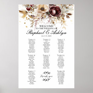 Wedding seating chart 8 tables, burgundy peonies