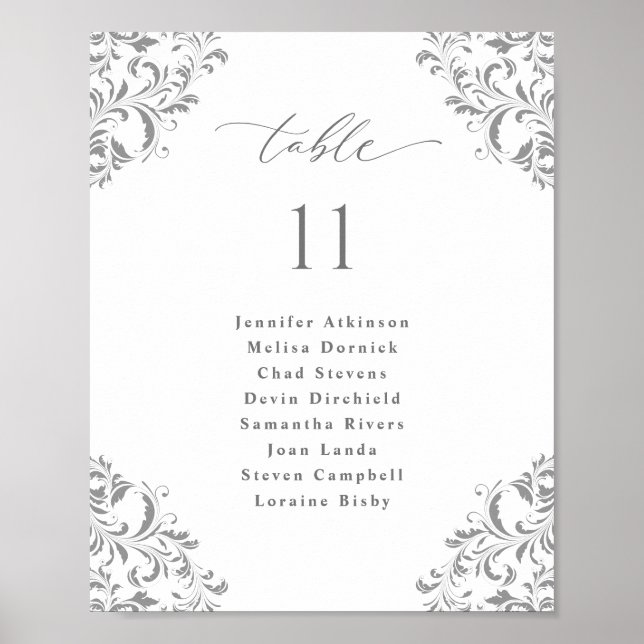 Wedding Seating Chart 8x10 Silver Grey Flourish (Front)