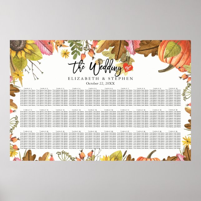 Wedding Seating Chart Autumn Fall Leaves Pumpkins (Front)