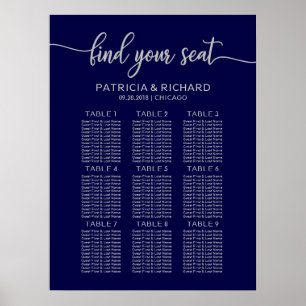 Wedding Seating Chart Board Navy Blue Silver