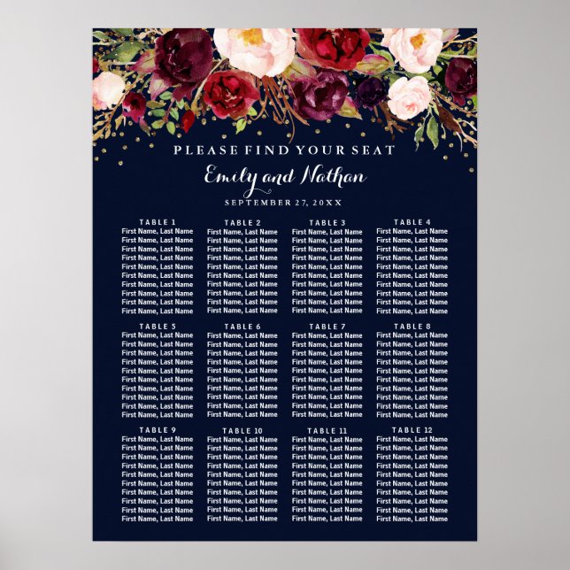 Wedding Seating Chart Burgundy Gold Navy Floral (Front)