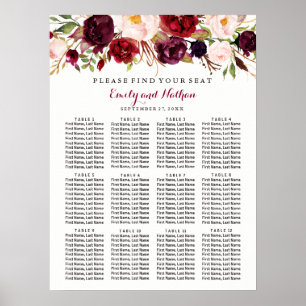 Wedding Seating Chart Burgundy Red Floral