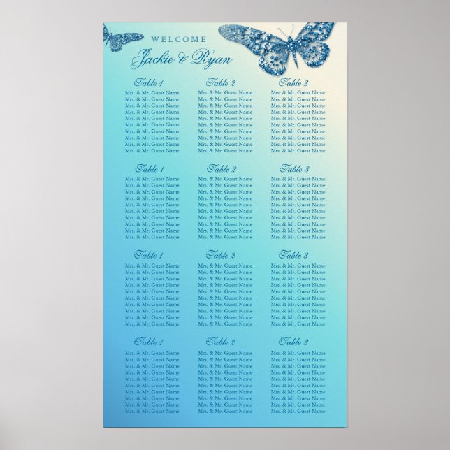 Wedding Seating Chart Butterfly Blue Glitter (Front)