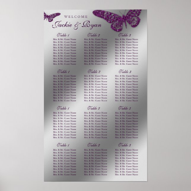 Wedding Seating Chart Butterfly Purple Sparkle (Front)