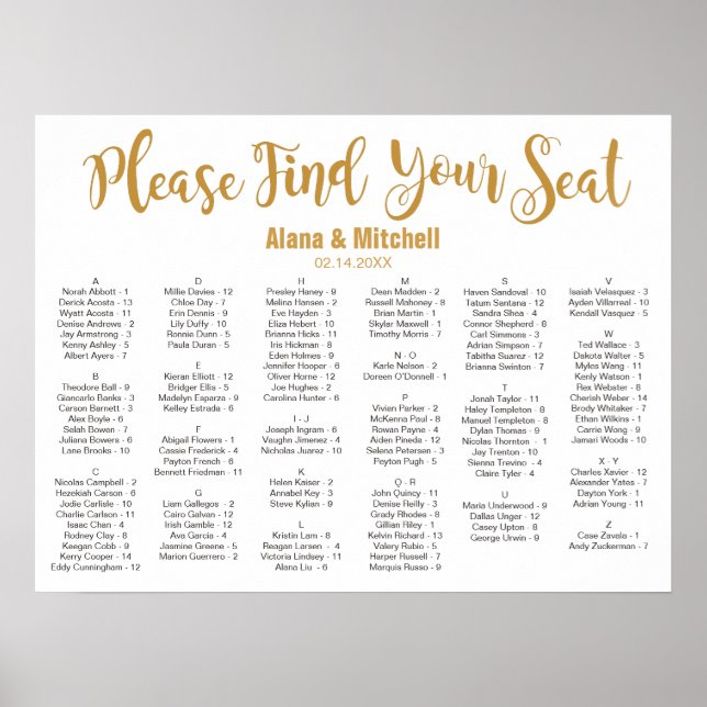 Wedding Seating Chart, Calligraphy Custom Colour Poster (Front)