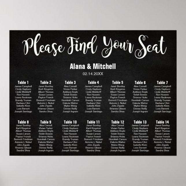 Wedding Seating Chart, Calligraphy Custom Colour Poster (Front)