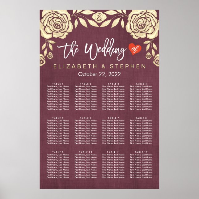 Wedding Seating Chart Chic Gold Roses Burgundy Red (Front)