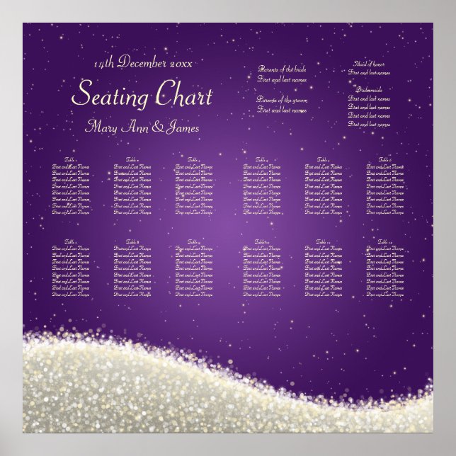 Wedding Seating Chart Dazzling Sparkles Purple (Front)