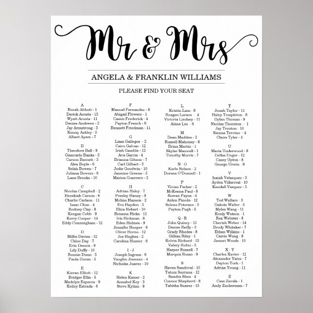 Wedding Seating Chart, Editable Background Colour Poster (Front)