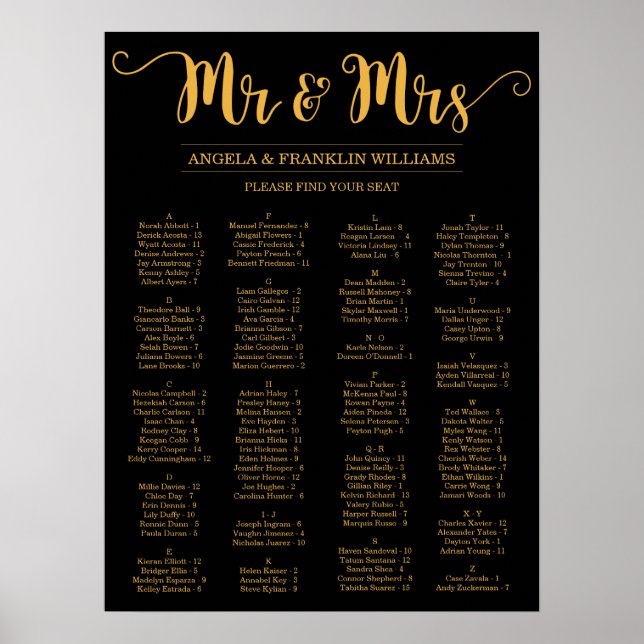 Wedding Seating Chart, Editable Background Colour Poster (Front)