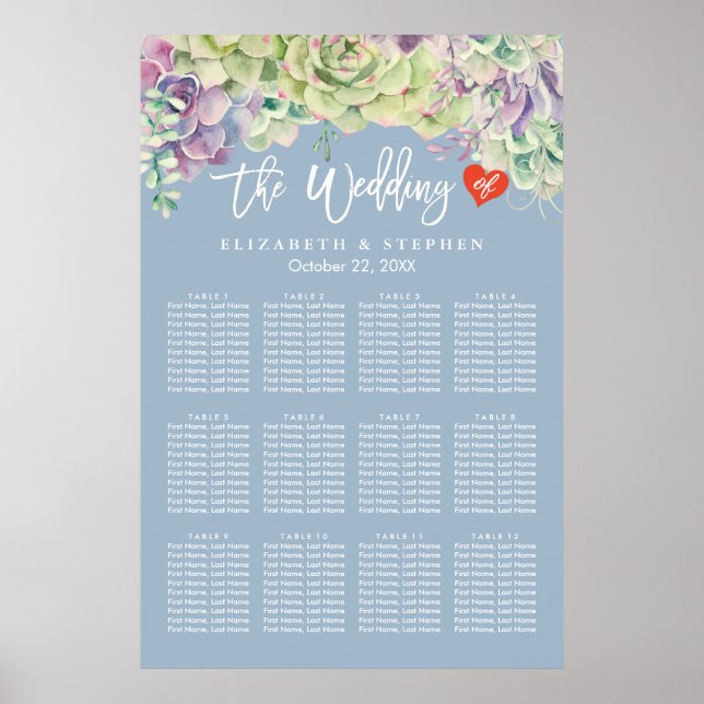Wedding Seating Chart Elegant Watercolor Succulent (Front)