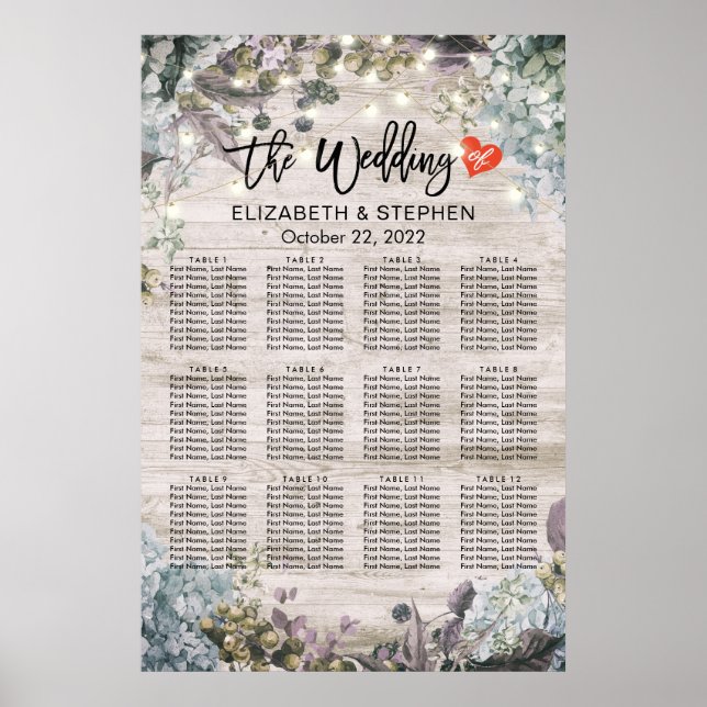 Wedding Seating Chart Floral Wood String Lights (Front)