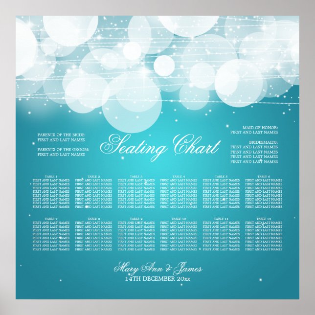 Wedding Seating Chart Glow & Sparkle Turquoise (Front)